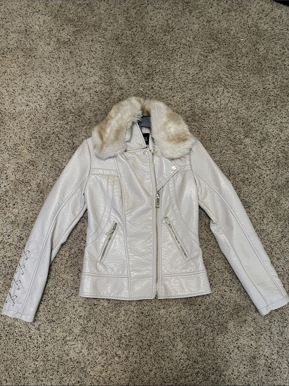 Guess Women's Faux Leather Moto Jacket with Faux Fur Collar - Cream